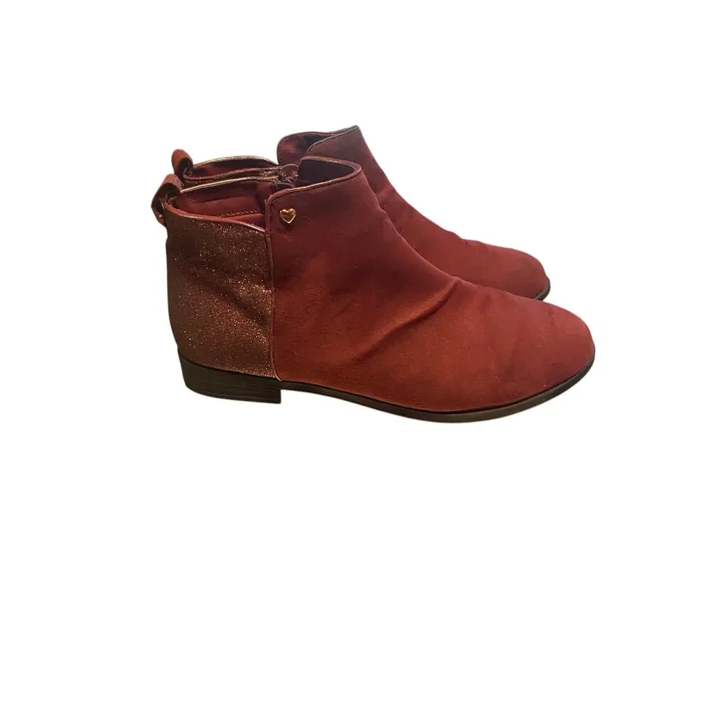 Wonder Nation Girls Winter Ankle Boots 5 Red Maroon Side Zip Glitter Faux Suede